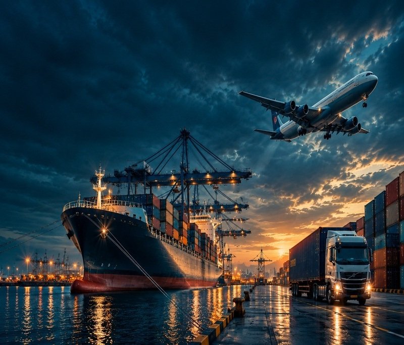 Cargo vessel and container cranes at an export port
